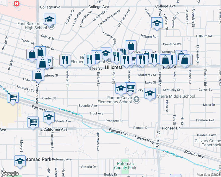 map of restaurants, bars, coffee shops, grocery stores, and more near 2728 Kentucky Street in Bakersfield