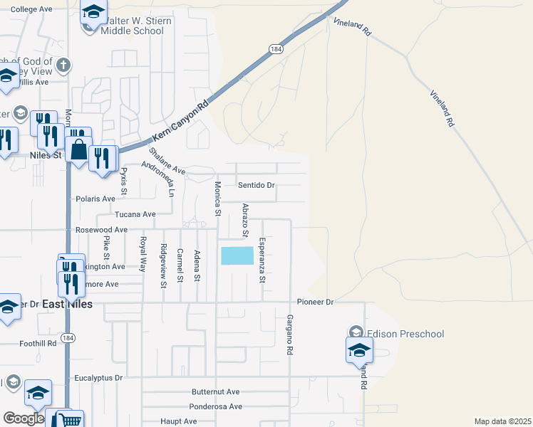 map of restaurants, bars, coffee shops, grocery stores, and more near 9201 La Sonrisa Way in Bakersfield