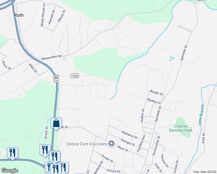 map of restaurants, bars, coffee shops, grocery stores, and more near 129 Augusta Drive in Spindale