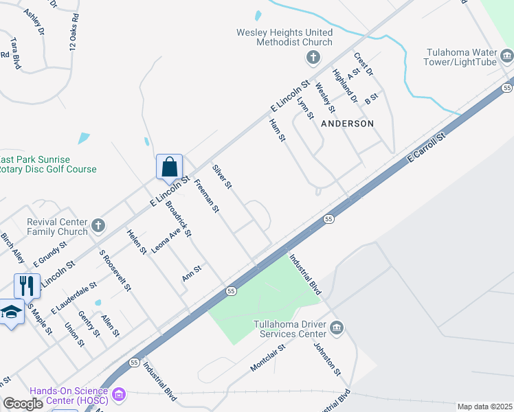 map of restaurants, bars, coffee shops, grocery stores, and more near 131 Silver Street in Tullahoma