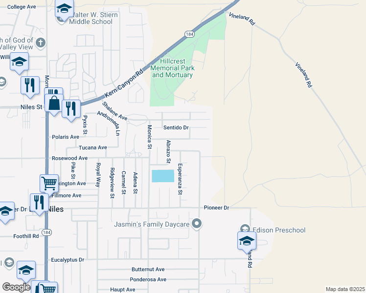 map of restaurants, bars, coffee shops, grocery stores, and more near 9201 La Sonrisa Way in Bakersfield