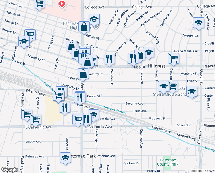 map of restaurants, bars, coffee shops, grocery stores, and more near 1024 Webster Street in Bakersfield
