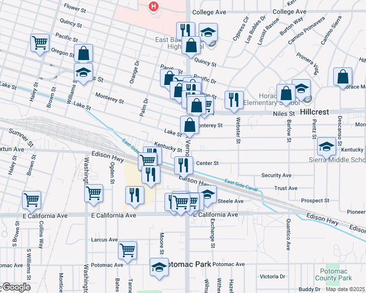 map of restaurants, bars, coffee shops, grocery stores, and more near 2155 Kentucky Street in Bakersfield