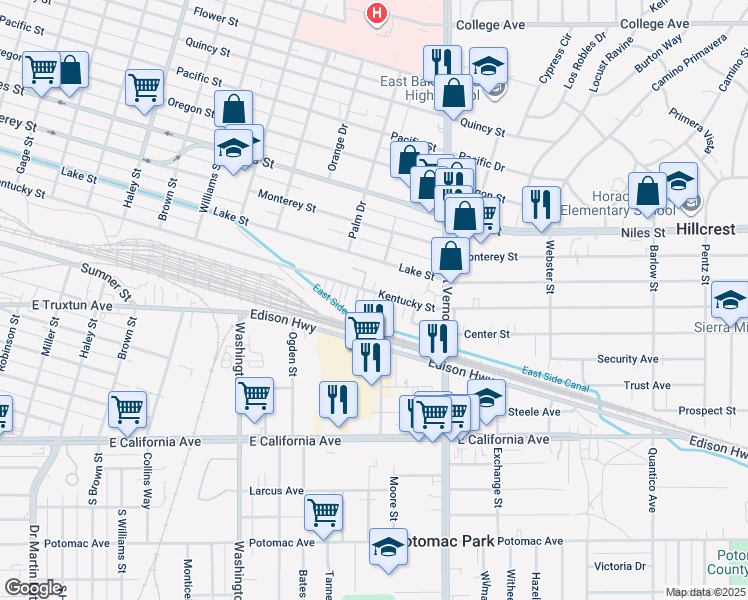 map of restaurants, bars, coffee shops, grocery stores, and more near 2019 Kentucky Street in Bakersfield