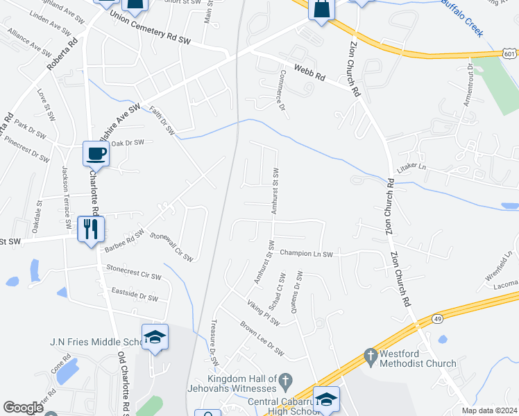 map of restaurants, bars, coffee shops, grocery stores, and more near 2951 Rockingham Court Southwest in Concord