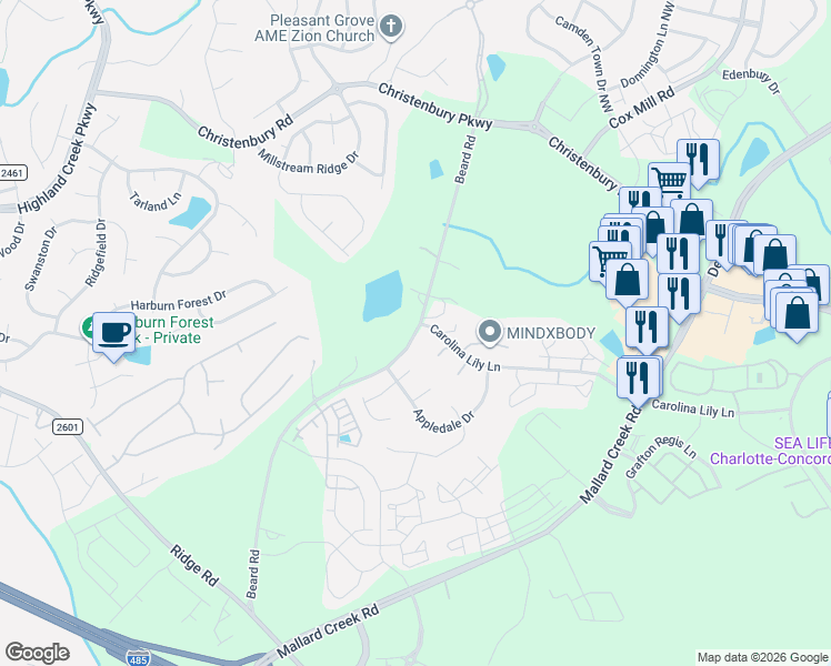 map of restaurants, bars, coffee shops, grocery stores, and more near 3320 Beard Road in Charlotte