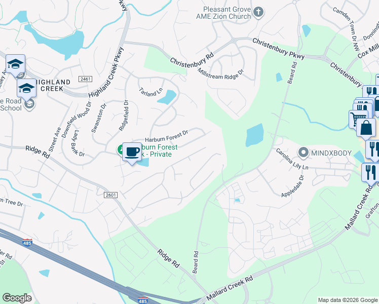 map of restaurants, bars, coffee shops, grocery stores, and more near 2619 Highland Park Drive in Charlotte