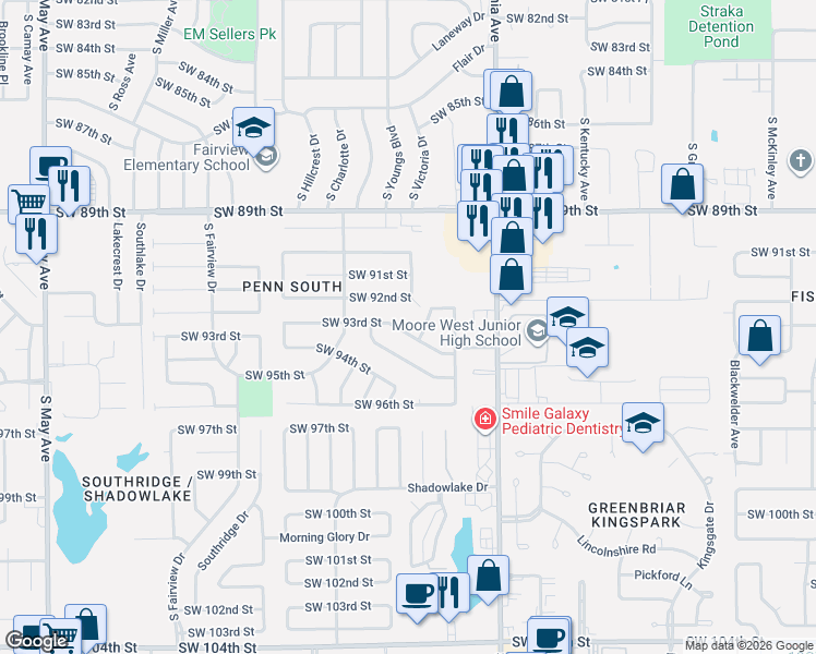 map of restaurants, bars, coffee shops, grocery stores, and more near 2300 Southwest 93rd Street in Oklahoma City
