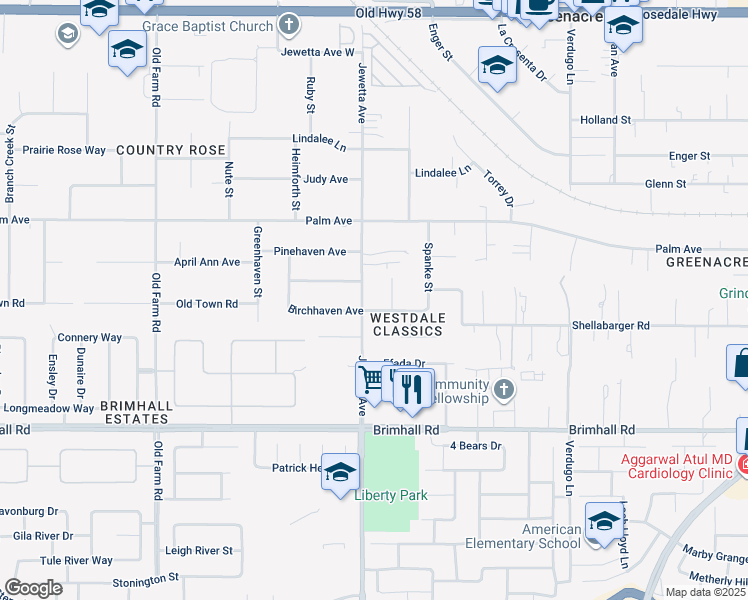 map of restaurants, bars, coffee shops, grocery stores, and more near in Bakersfield