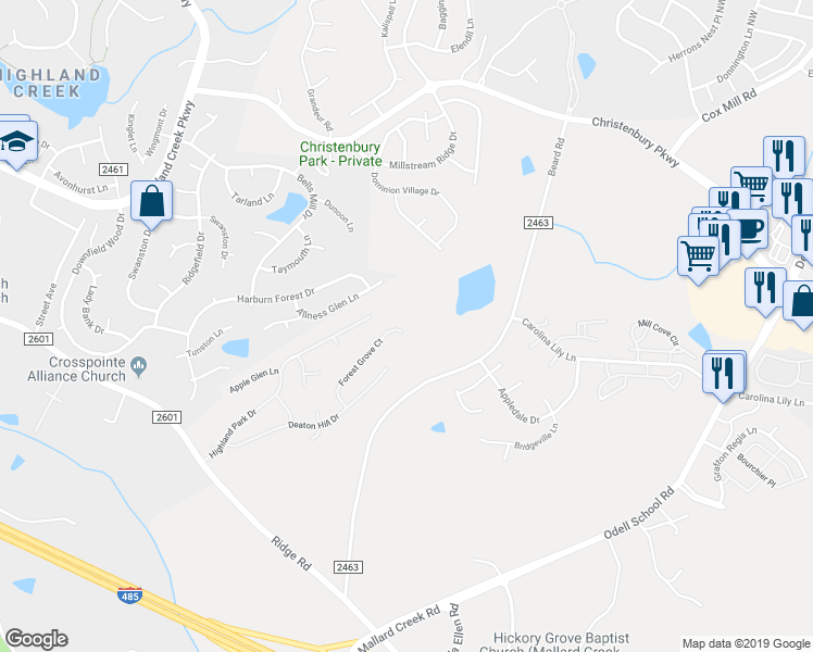 map of restaurants, bars, coffee shops, grocery stores, and more near 2831 Forest Grove Court in Charlotte