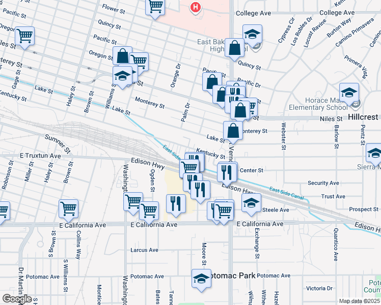 map of restaurants, bars, coffee shops, grocery stores, and more near 2019 Kentucky Street in Bakersfield