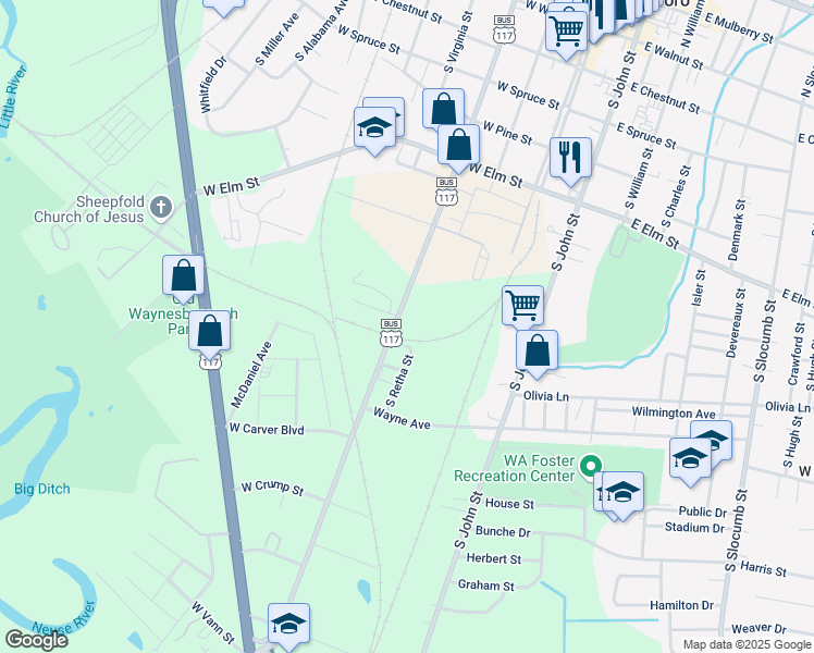 map of restaurants, bars, coffee shops, grocery stores, and more near 706 South George Street in Goldsboro
