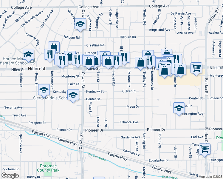 map of restaurants, bars, coffee shops, grocery stores, and more near 912 Isabell Road in Bakersfield