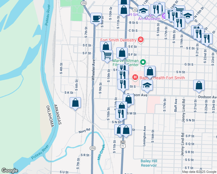 map of restaurants, bars, coffee shops, grocery stores, and more near 1115 South 10th Street in Fort Smith