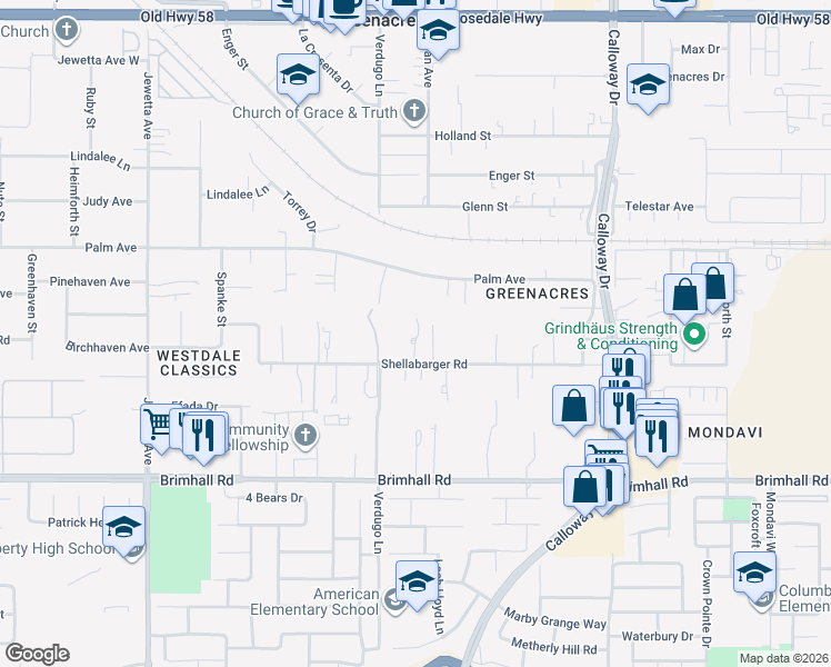map of restaurants, bars, coffee shops, grocery stores, and more near 10600 Shellabarger Road in Bakersfield