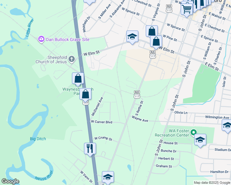 map of restaurants, bars, coffee shops, grocery stores, and more near West Robson Circle in Goldsboro