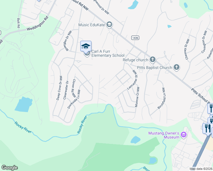map of restaurants, bars, coffee shops, grocery stores, and more near 2884 Walsh Drive Northwest in Concord