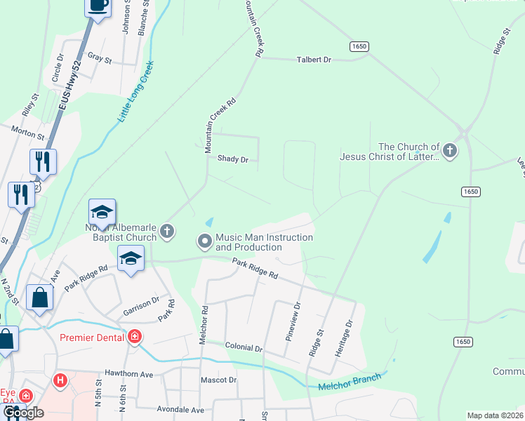 map of restaurants, bars, coffee shops, grocery stores, and more near 801 Lafayette Drive in Albemarle