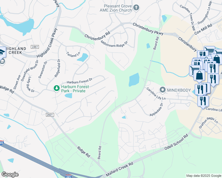 map of restaurants, bars, coffee shops, grocery stores, and more near 2819 Forest Grove Court in Charlotte