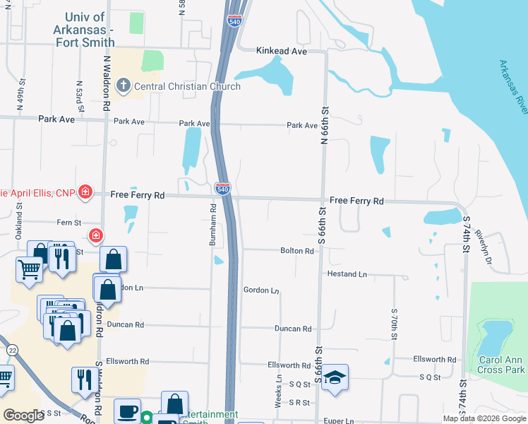 map of restaurants, bars, coffee shops, grocery stores, and more near 935 South 62nd in Fort Smith