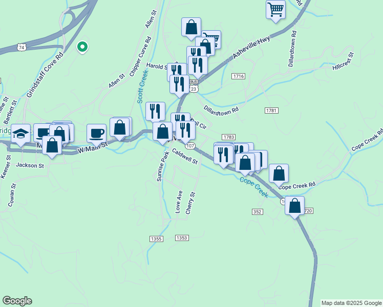 map of restaurants, bars, coffee shops, grocery stores, and more near 116 East Main Street in Sylva