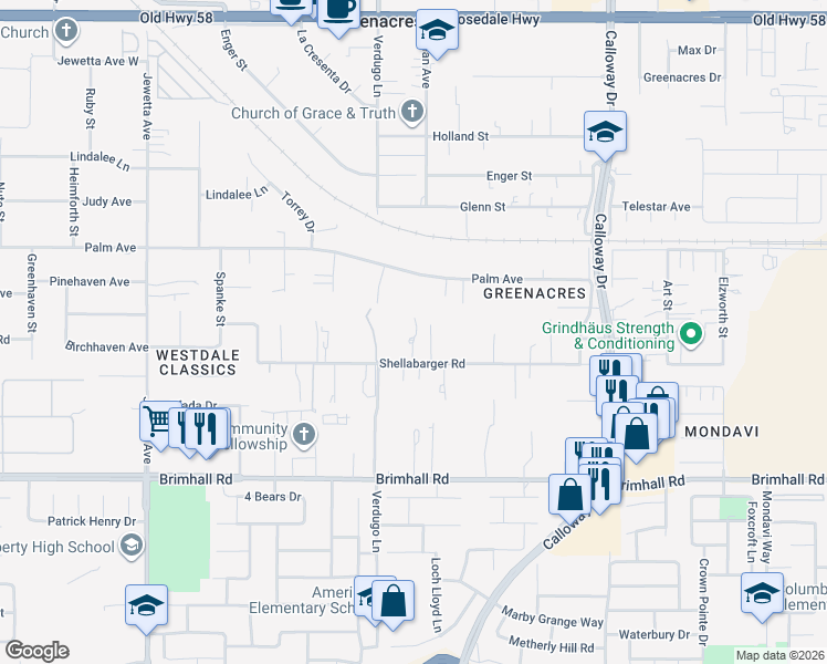 map of restaurants, bars, coffee shops, grocery stores, and more near 10600 Shellabarger Road in Bakersfield