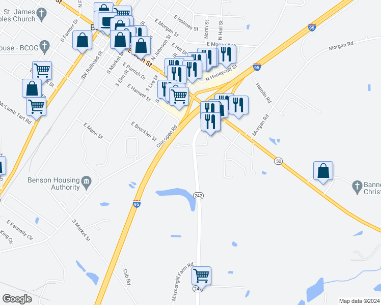 map of restaurants, bars, coffee shops, grocery stores, and more near 308 South Walton Drive in Benson
