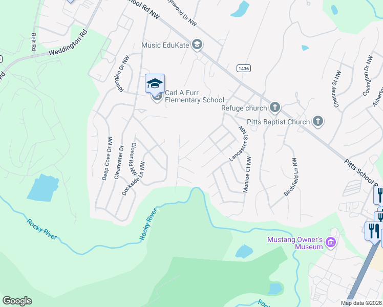 map of restaurants, bars, coffee shops, grocery stores, and more near 2884 Walsh Drive Northwest in Concord