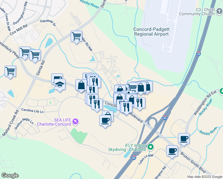 map of restaurants, bars, coffee shops, grocery stores, and more near 5550 Bexley Way Northwest in Concord