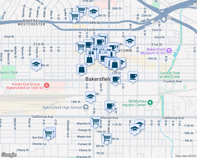 map of restaurants, bars, coffee shops, grocery stores, and more near 3112 Oakley Street in Bakersfield