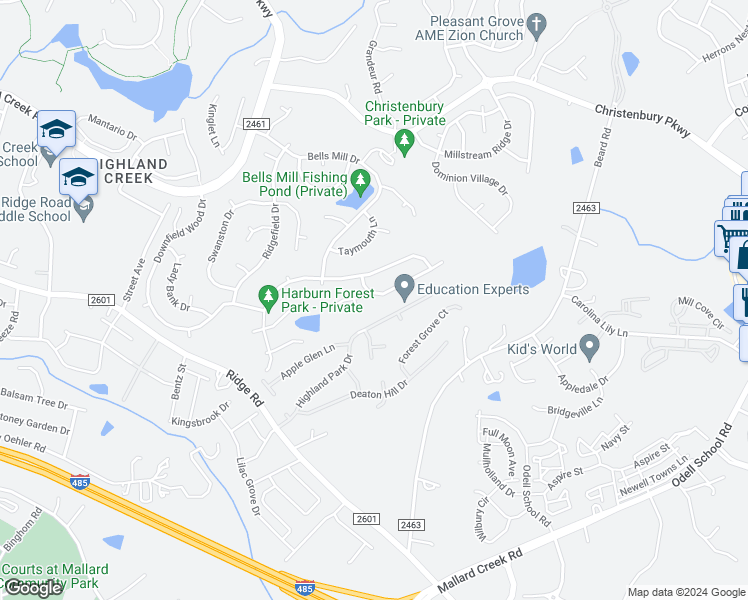 map of restaurants, bars, coffee shops, grocery stores, and more near 6624 Allness Glen Lane in Charlotte