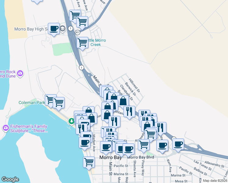 map of restaurants, bars, coffee shops, grocery stores, and more near 1340 Prescott Drive in Morro Bay