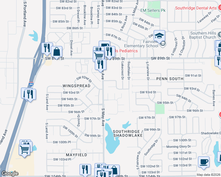 map of restaurants, bars, coffee shops, grocery stores, and more near 9404 Shallow Lake Court in Oklahoma City