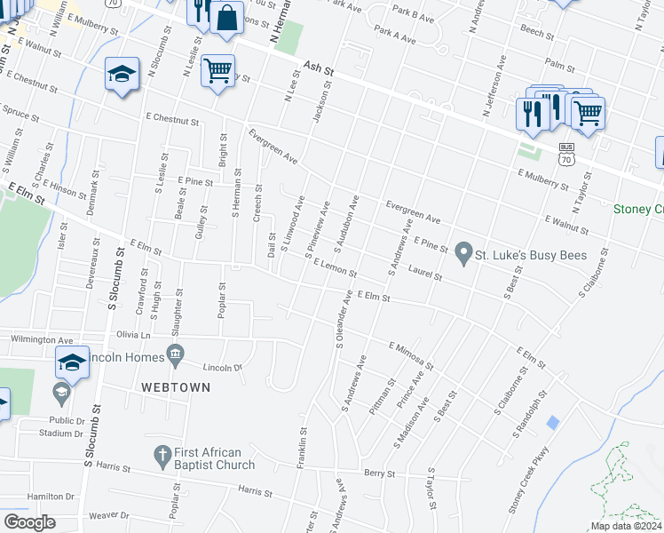 map of restaurants, bars, coffee shops, grocery stores, and more near 1300 East Lemon Street in Goldsboro