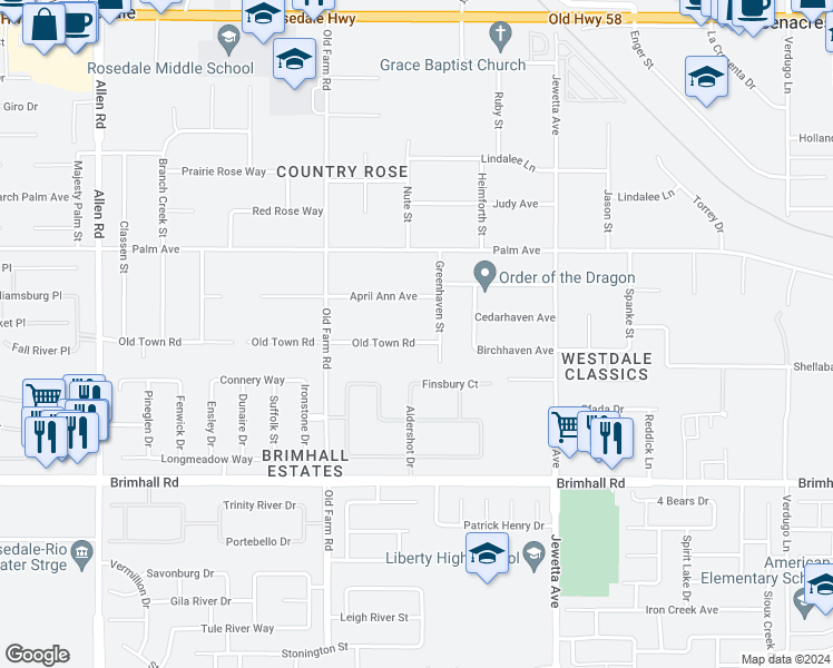 map of restaurants, bars, coffee shops, grocery stores, and more near 11716 Old Town Road in Bakersfield