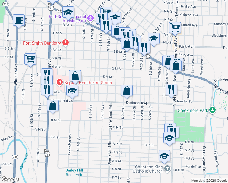 map of restaurants, bars, coffee shops, grocery stores, and more near 1101 South 20th Street in Fort Smith
