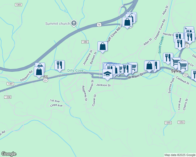 map of restaurants, bars, coffee shops, grocery stores, and more near 733 West Main Street in Sylva