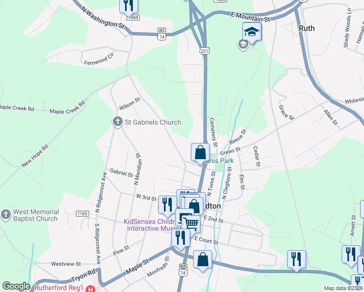 map of restaurants, bars, coffee shops, grocery stores, and more near 333 North Washington Street in Rutherfordton