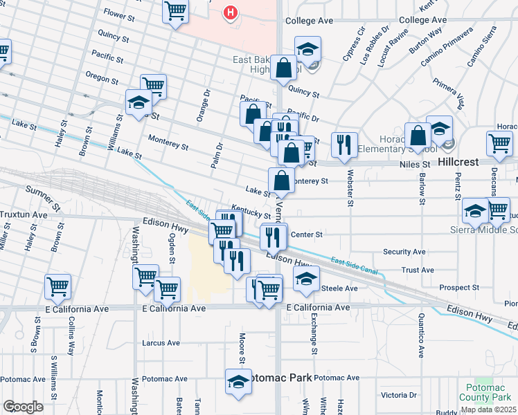 map of restaurants, bars, coffee shops, grocery stores, and more near 2155 Kentucky Street in Bakersfield