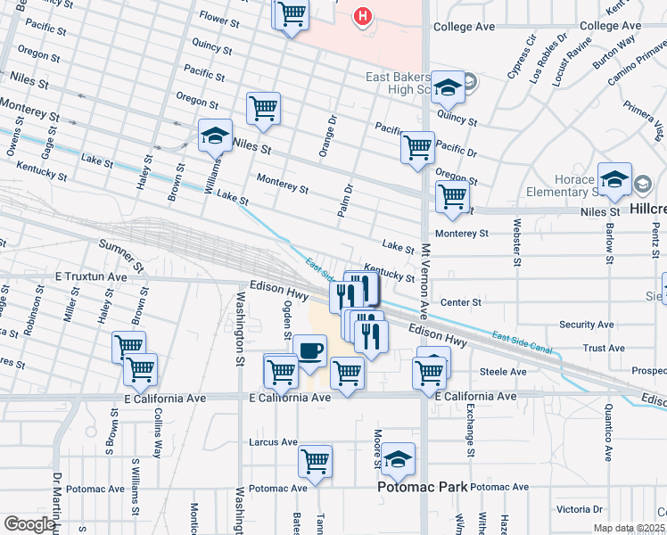 map of restaurants, bars, coffee shops, grocery stores, and more near 2001 Kentucky Street in Bakersfield
