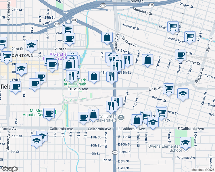 map of restaurants, bars, coffee shops, grocery stores, and more near 201 East Truxtun Avenue in Bakersfield