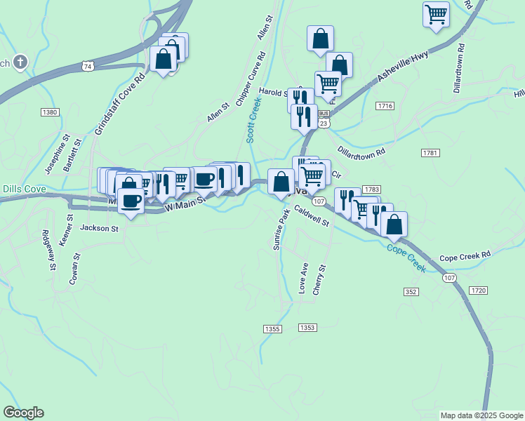 map of restaurants, bars, coffee shops, grocery stores, and more near 53 Ensley Street in Sylva