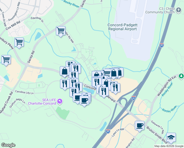 map of restaurants, bars, coffee shops, grocery stores, and more near 5550 Bexley Way Northwest in Concord
