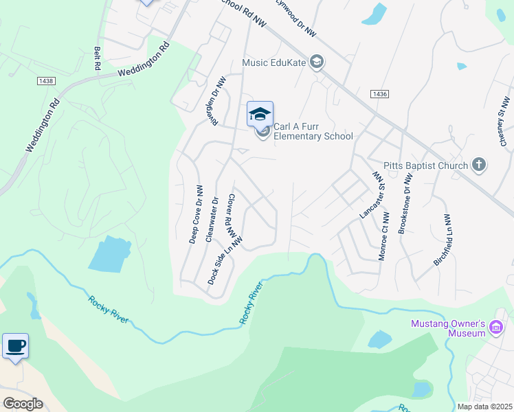 map of restaurants, bars, coffee shops, grocery stores, and more near 440 Whitewater Way Northwest in Concord