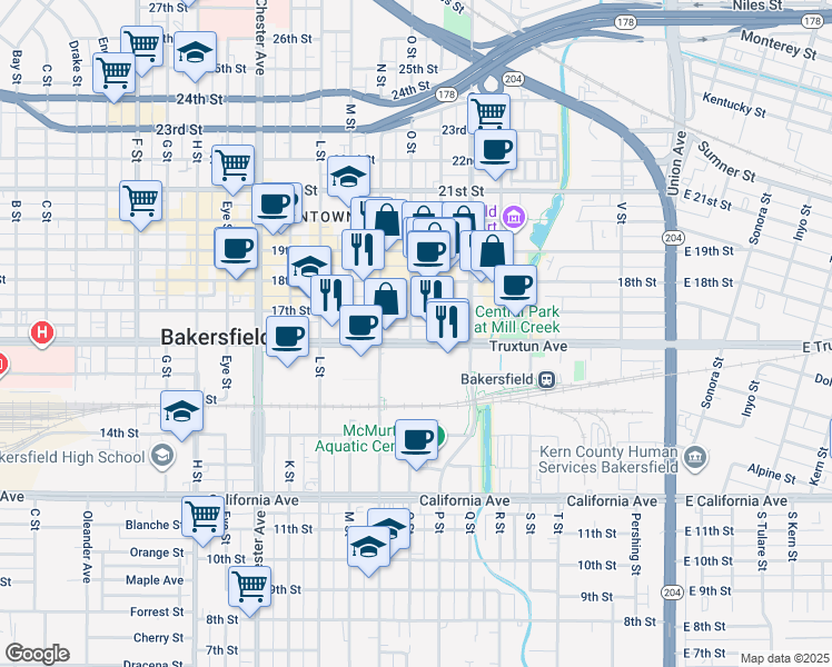 map of restaurants, bars, coffee shops, grocery stores, and more near in Bakersfield