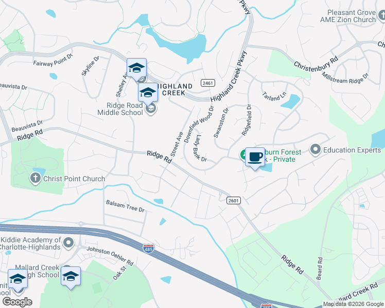 map of restaurants, bars, coffee shops, grocery stores, and more near 7616 Lady Bank Drive in Charlotte