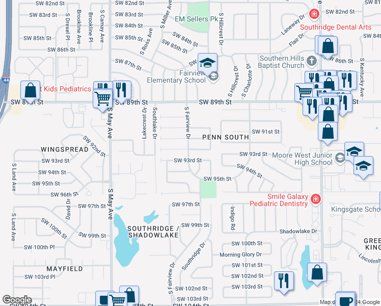 map of restaurants, bars, coffee shops, grocery stores, and more near 2532 Southwest 92nd Street in Oklahoma City