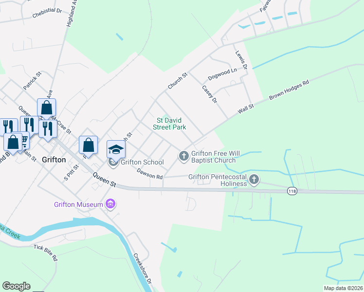 map of restaurants, bars, coffee shops, grocery stores, and more near 598 E Charles St in Grifton