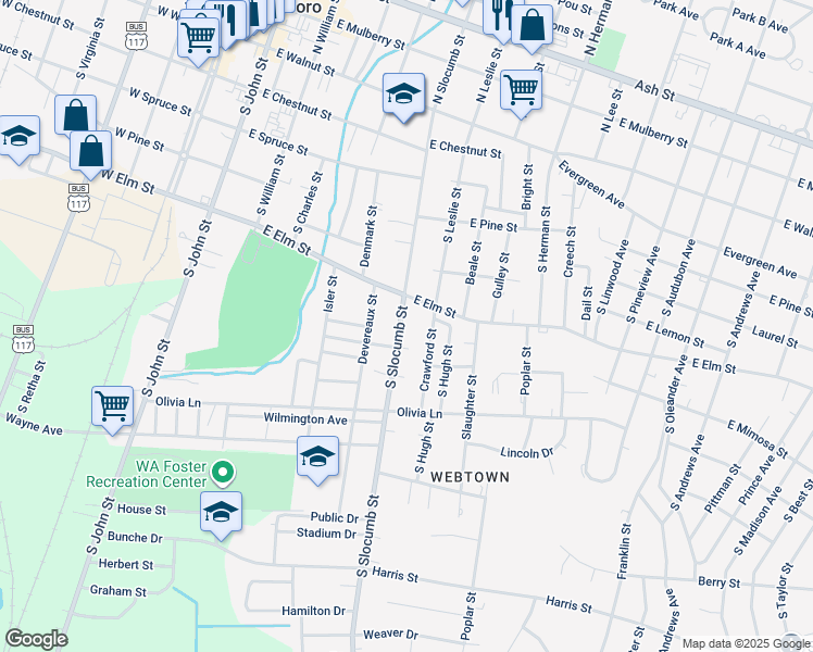map of restaurants, bars, coffee shops, grocery stores, and more near 612 South Slocumb Street in Goldsboro
