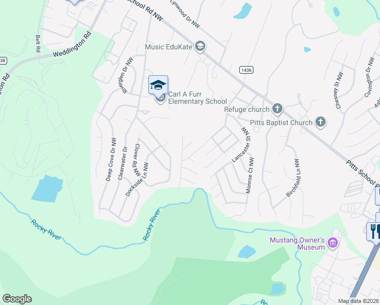 map of restaurants, bars, coffee shops, grocery stores, and more near 2999-3001 Plantation Rd NW in Concord